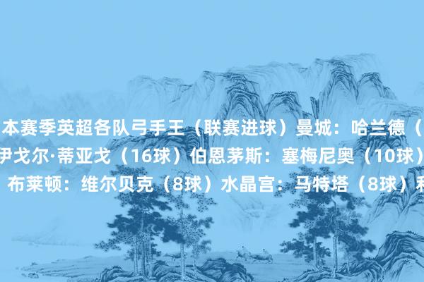 本赛季英超各队弓手王（联赛进球）曼城：哈兰德（20球）布伦特福德：伊戈尔·蒂亚戈（16球）伯恩茅斯：塞梅尼奥（10球）利兹联：勒温（9球）布莱顿：维尔贝克（8球）水晶宫：马特塔（8球）利物浦：埃基蒂克（8球）纽卡：布鲁诺·吉马良斯（8球）阿斯顿维拉：摩根·罗杰斯、沃特金斯（7球）切尔西：若昂·佩德罗（7球）富勒姆：哈里·威尔逊（7球）曼联：姆伯莫（7球）热刺：里沙利松（7球）西汉姆联：鲍文（6球）阿森纳：约克雷斯、特罗萨德（5球）伯恩利：杰顿·安东尼、弗勒明（5球）诺丁汉丛林：吉布斯-怀特（5球）埃弗顿：蒂尔诺·巴里、霍尔、伊利曼·恩迪亚耶（4球）桑德兰：布罗比、威尔森·伊西多（4球）狼队：圣地亚哥·布埃诺、黄喜灿、克雷伊奇、马特乌斯·马内（2球）    体育录像/图片